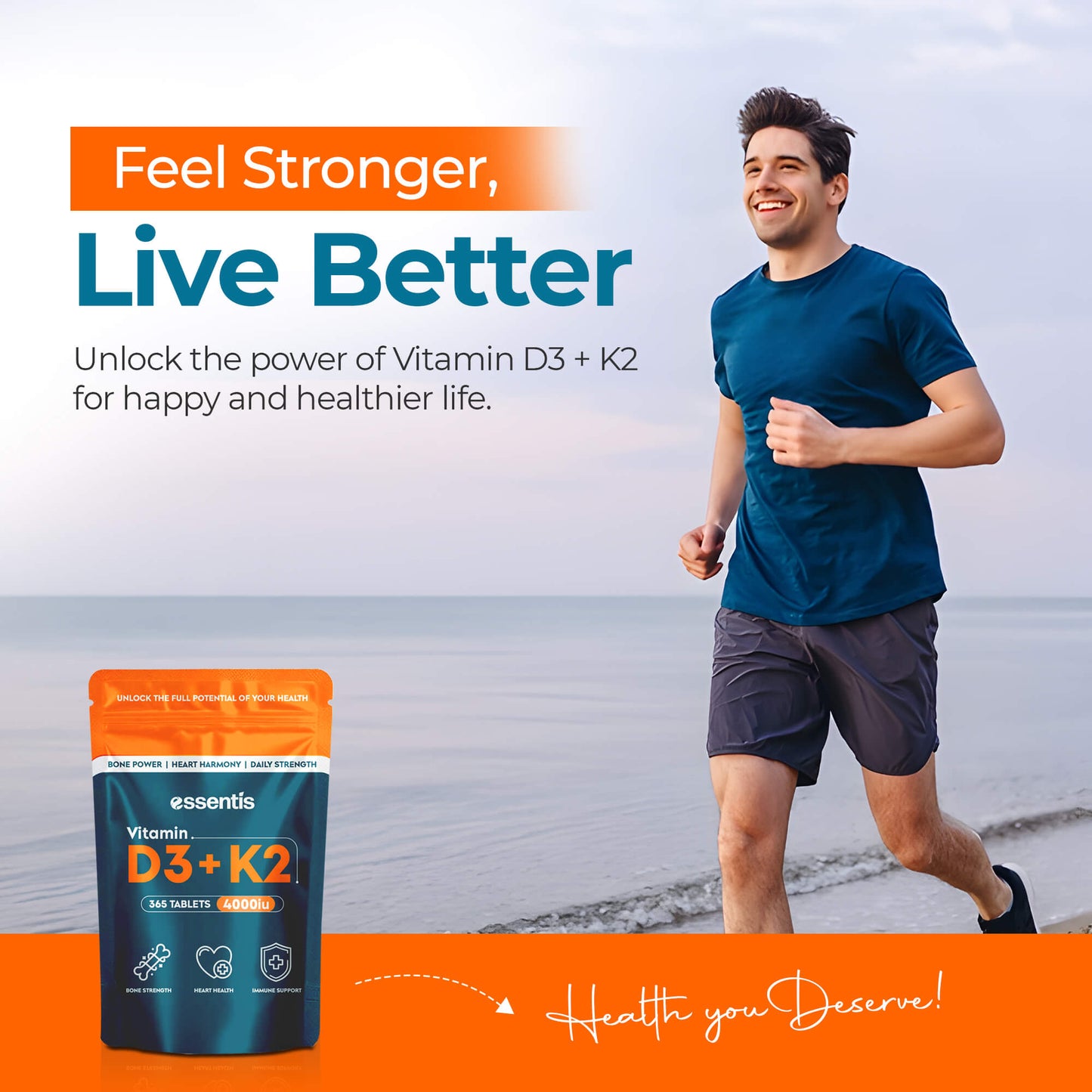 Active UK man taking Essentis Vitamin D3 + K2 daily — supports normal muscle function and immune health