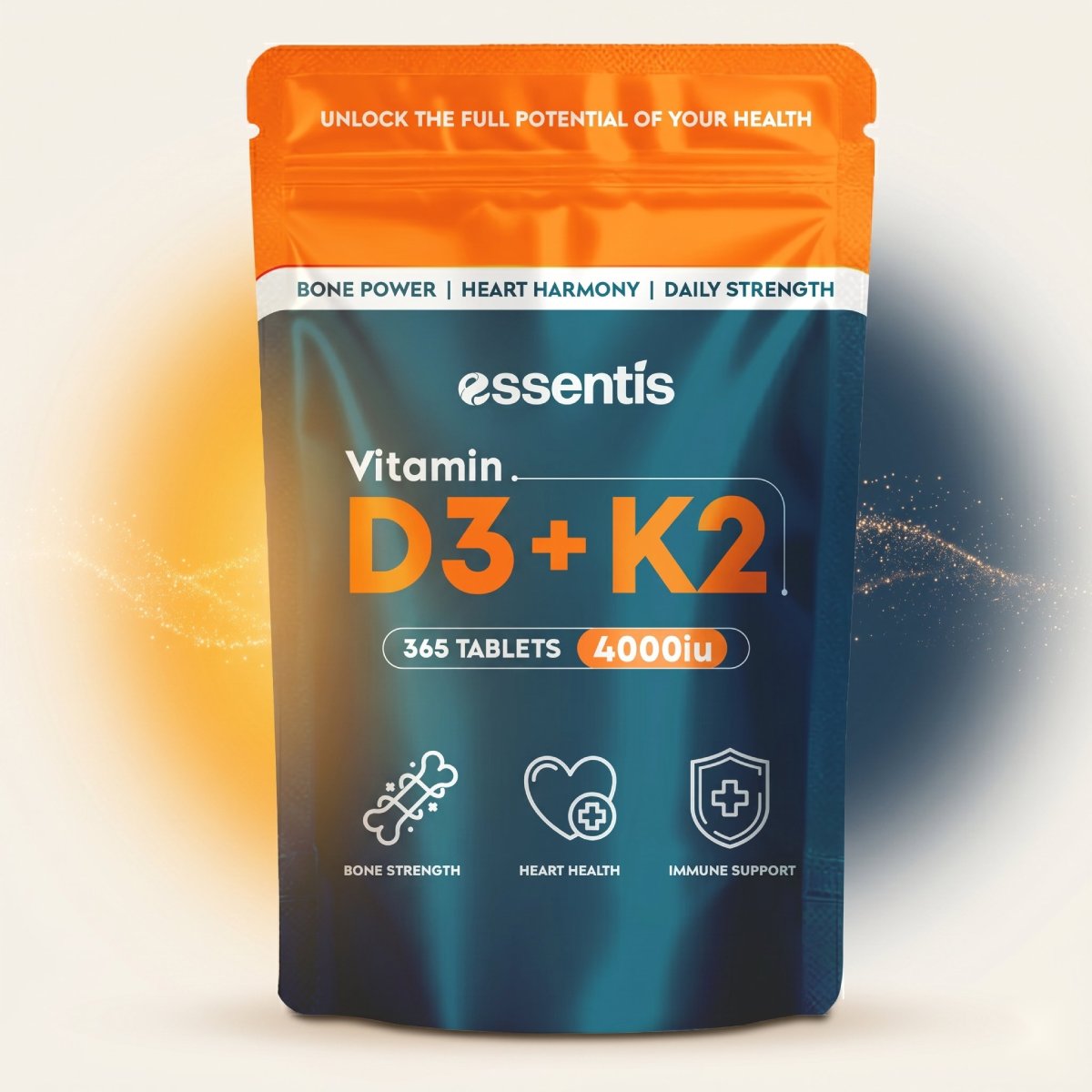 Essentis Vitamin D3 4000 IU and K2 MK-7 supplement pouch — 365 tablets, one-year UK supply