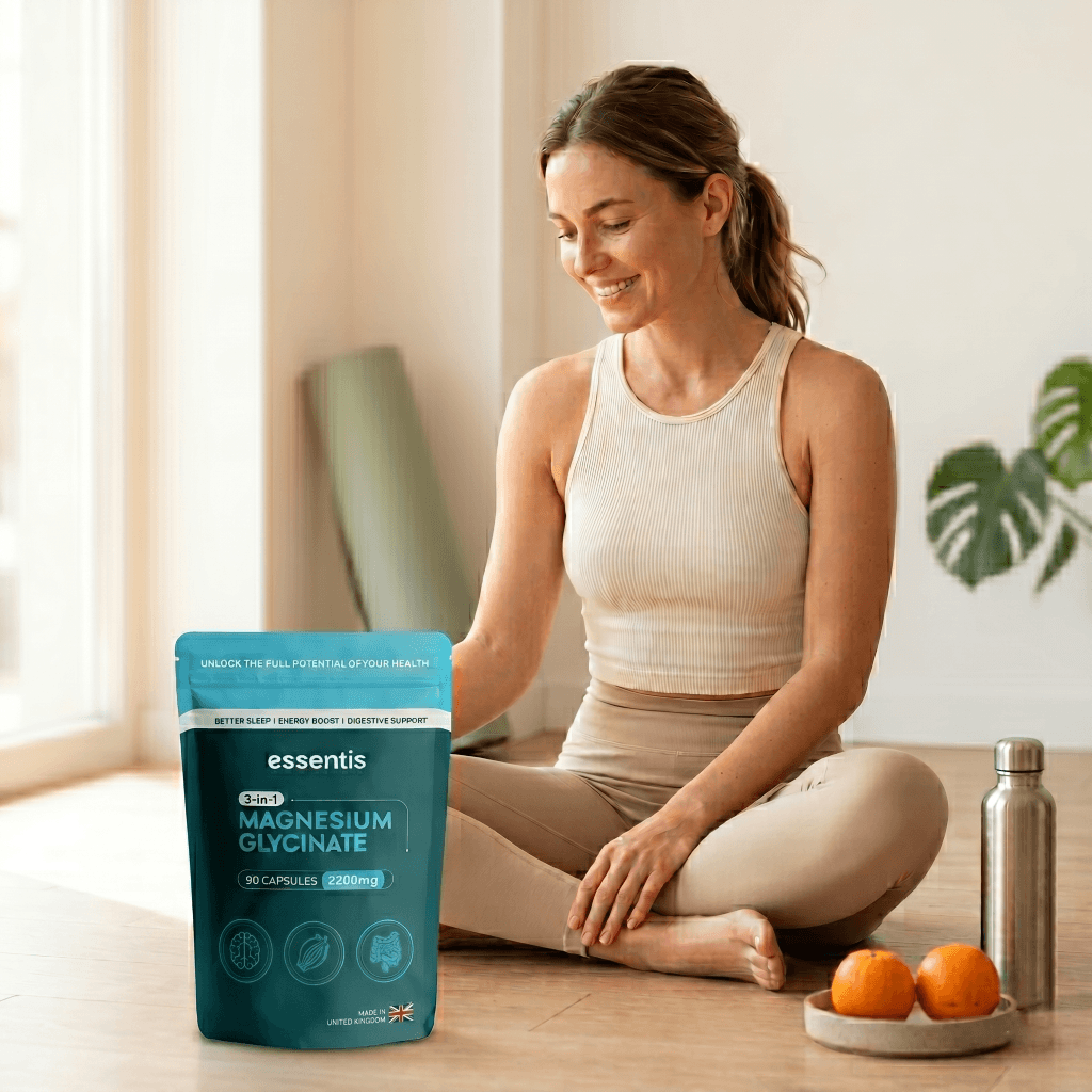 Essentis Magnesium Glycinate 3-in-1 supplement bag with active woman in wellness routine - UK made vegan magnesium bisglycinate, malate and citrate 90 capsules