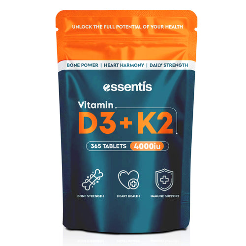 Essentis Vitamin D3 4000 IU + K2 MK-7 supplement pouch — 365 tablets, one-year UK supply