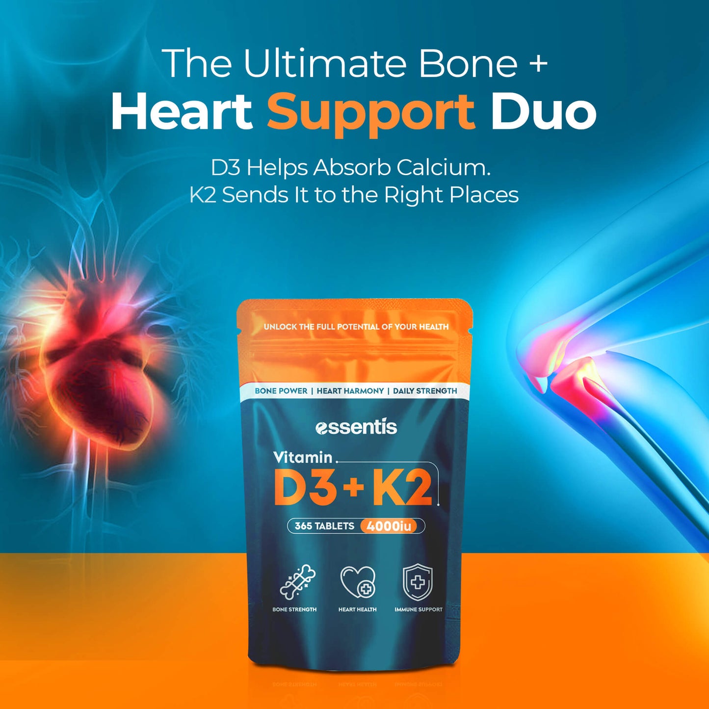 Essentis Vitamin D3 + K2 supplement supports normal bones and muscle function — high-strength UK formula