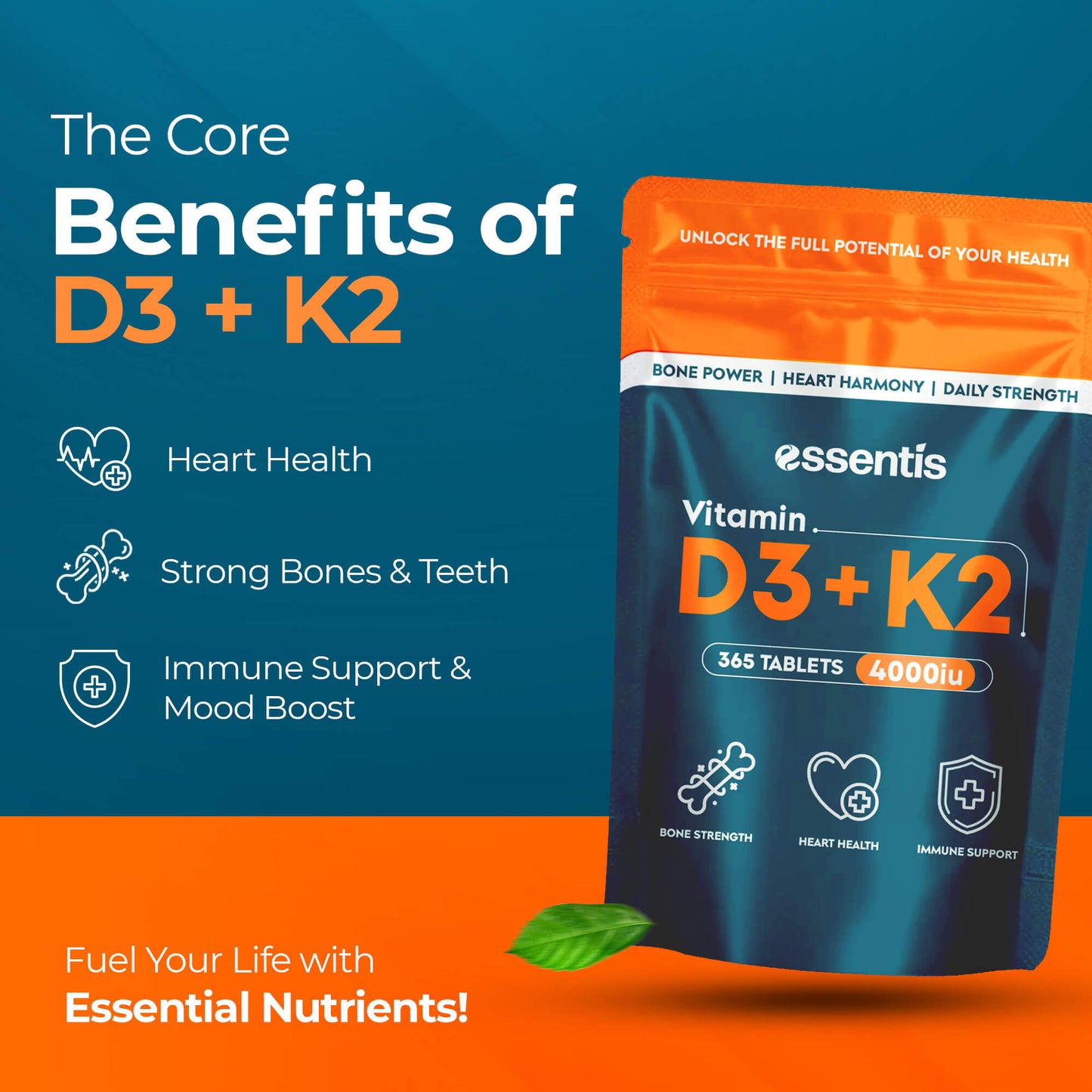 Vitamin D3 and K2 benefits — supports normal bones, teeth, and immune system function (UK-authorised claims)