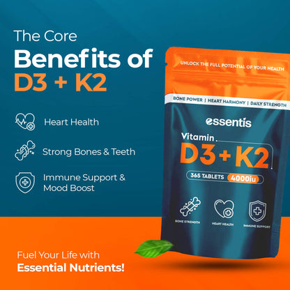 Vitamin D3 and K2 benefits — supports normal bones, teeth, and immune system function (UK-authorised claims)