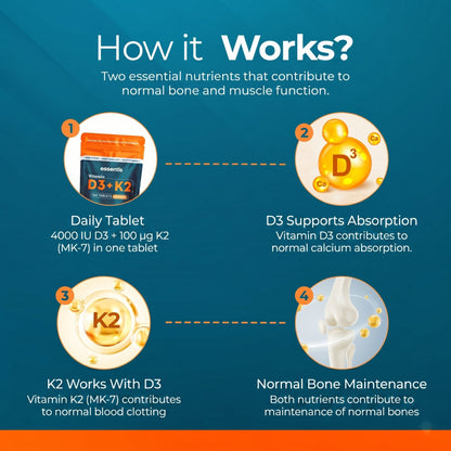 How Vitamin D3 and K2 work together — D3 contributes to normal calcium absorption, K2 contributes to normal bone maintenance
