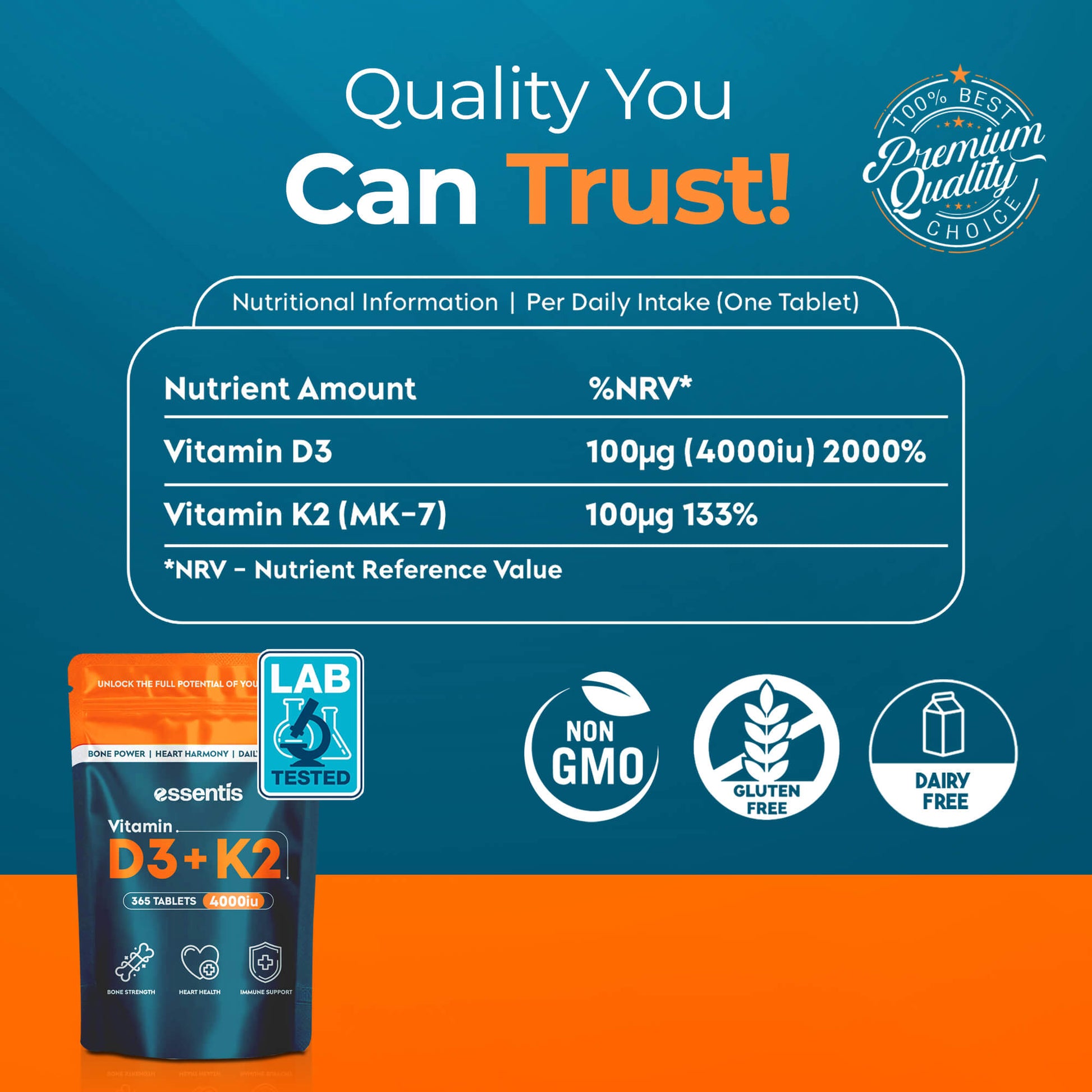 Essentis Vitamin D3 + K2 nutritional information — 100 µg D3 (2000% NRV), 100 µg K2 MK-7, lab-tested, Non-GMO