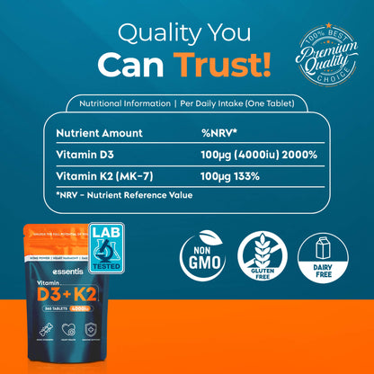 Essentis Vitamin D3 + K2 nutritional information — 100 µg D3 (2000% NRV), 100 µg K2 MK-7, lab-tested, Non-GMO